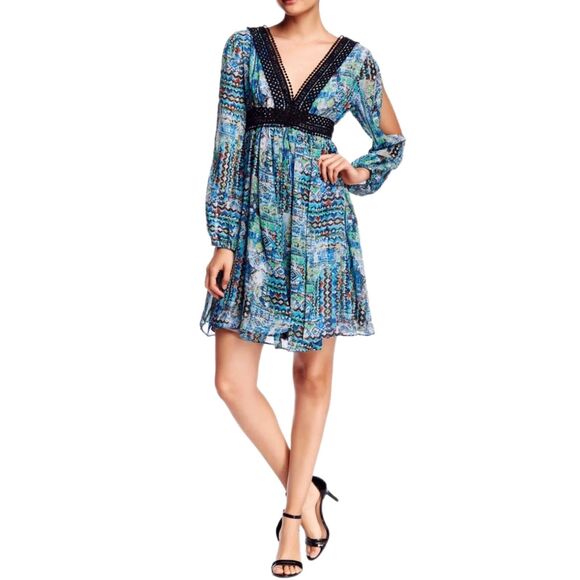 Betsey Johnson NWT Retro Blue & Green Chiffon Embroidery Trim Dress, Size 14 - Picture 1 of 9